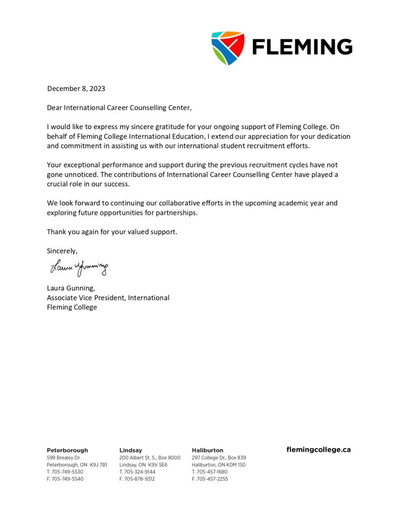 Fleming College has honored us with an appreciation letter
